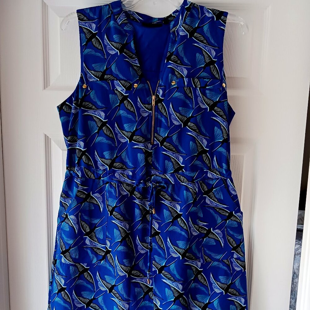 APT. 9 Dress Cinch Tie Waist Sleeveless Women's Medium Blue Pattern Birds Pocket - Picture 4 of 9